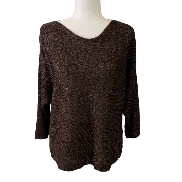 Eileen Fisher Organic Linen Loose Knit 3/4 Dolman Sleeve Sweater Metallic - Picture 16 of 16